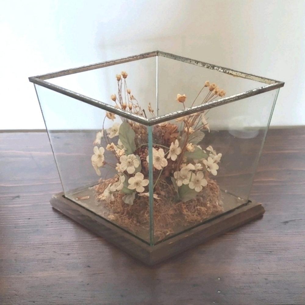 Vtg 70s Wood Leonard Creations Cal. Rare Glass Encased Dried Floral Flower Decor